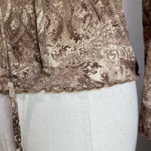 Y2K 90s Women's Cream Tan Fitted Ruffle Collar Bratz Boho Mesh Blouse Sz Large - Picture 6 of 10